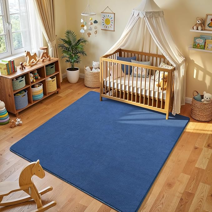 Amearea 4x4 Square Area Rugs for Bedroom Living Room, Modern Blue Thickened Memory Foam Rug, Fluffy Indoor Washable Rug Non Slip Minimalist Carpet for Entryway Kids Boys Girls Dorm Nursery Room Decor