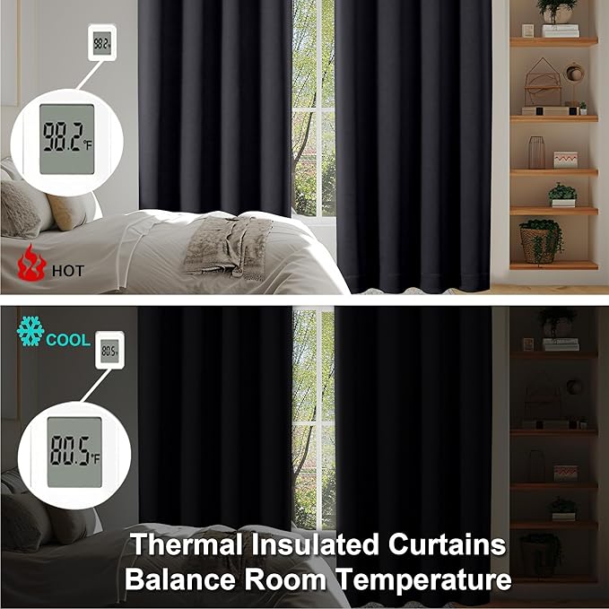 Simplebrand Ava Halloween Black Blackout Curtains for Bedroom 84 Inch Length 2 Panels Set, Solid Thermal Insulated Privacy Living Room Window Treatment Curtains Blackout Drapes, W50 x L84 Inch, Black