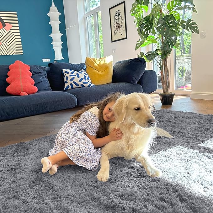 OLANLY 7x8 Machine Washable Large Area Rugs for Living Room, Bedroom, Soft Fluffy Shaggy Bedside Rug, Indoor Floor Carpet for Kids Girls and Boys, Dorms, Nursery, Home Decor Aesthetic, Light Grey