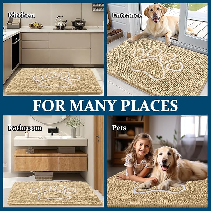 OLANLY Dog Door Mat for Muddy Paws 44x24, Paw Print Design, Absorbs Moisture and Dirt, Absorbent Non-Slip Washable Doormat, Quick Dry Chenille Mud Mat for Dogs, Entry Indoor Entryway Carpet, Beige