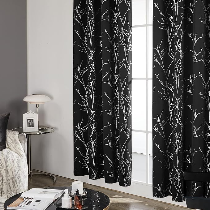 Deconovo Black Blackout Curtains, Thermal Insulated Soundproof Privacy Curtain Drapes, Branch Foil Print, 52 x 84 Inch Long, 2 Panels, Machine‑Washable Window Panel for Bedroom Living Room Office Home