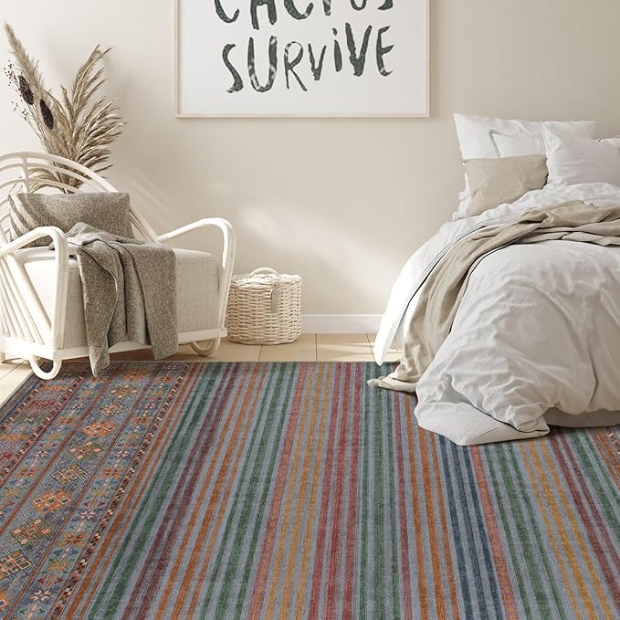 Nakagishi 5X7 Area Rugs Living Room: Washable Large Vintage Rug Neutral Non-Slip Soft Stain Resistant Indoor Carpet for Bedroom Nursery Dining Room Office Playroom - Multi Color