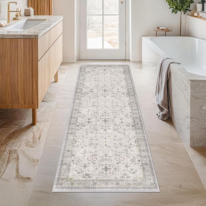 Light Grey 2x7 Boho Bathroom Runner Rug - Modern Vintage Eclectic Floral Pastel Neutral Taupe, Washable Low Pile Non-Slip Runner Rugs for Hallway, Kitchen, Door Mat Indoor Entrance, Bedroom Beside Bed