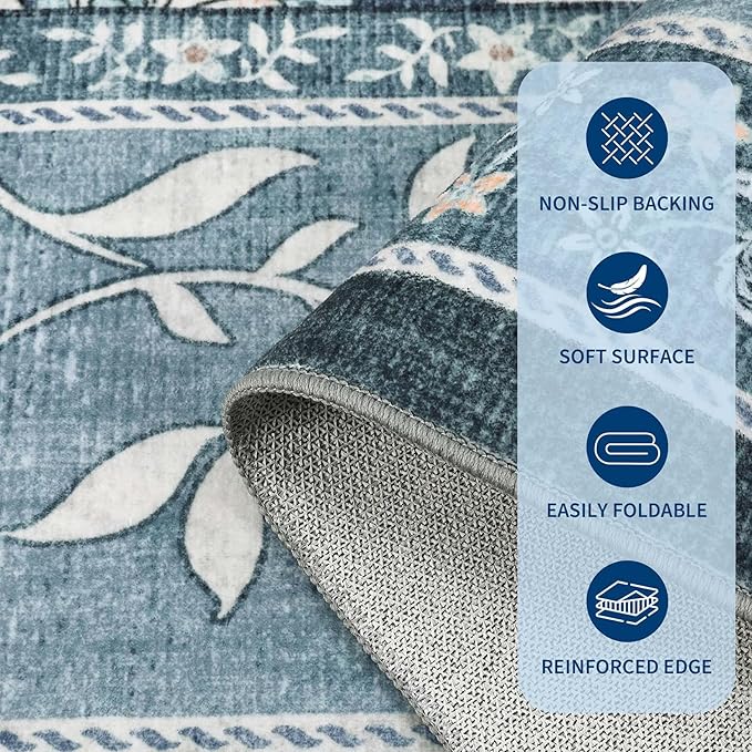 GarveeHome Provence 8x10 Area Rugs for Living Room, Botanical Grove Retro Blue Cottagecore Washable Rug for Bedroom Dining Nursery Low-Pile Vintage Large Carpet
