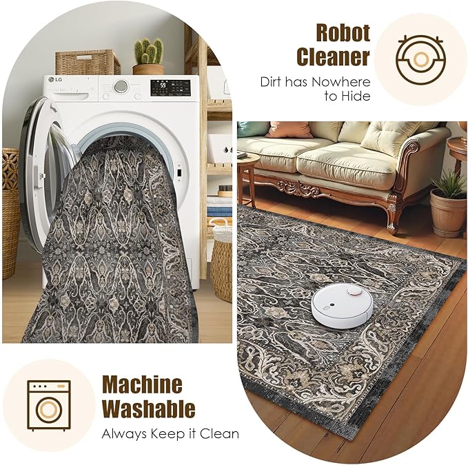 Washable Area Rug 9' x 12' Vintage Traditional Persian Mat - Foldable Distressed Non-Slip Machine Washable Carpet for Living Room Bedroom Kitchen Home Decor - Ebony and Taupe