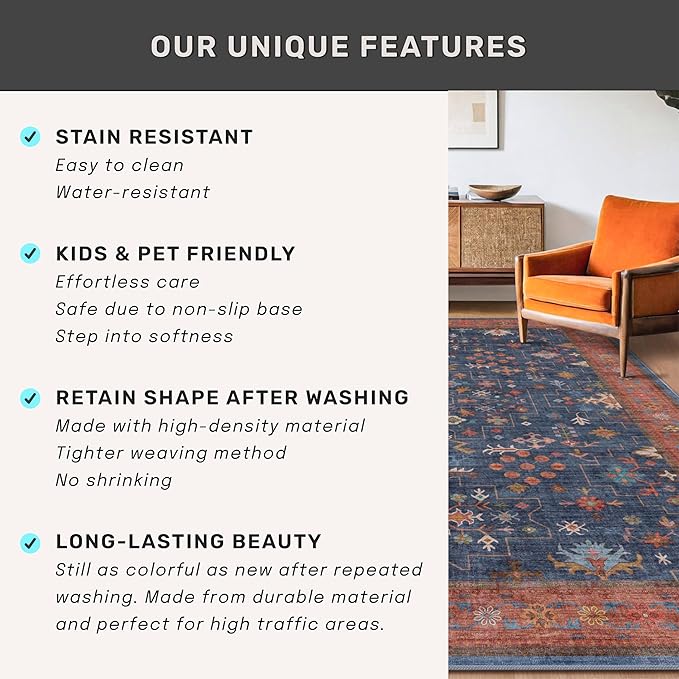Hazo Haus Dining Room Rugs for Under Table - 6x8 Washable Area Rug for Living Room, Low Pile Non-Slip Rugs for Bedroom - Navy Blue & Terracotta Vintage Boho Eclectic Home Decor