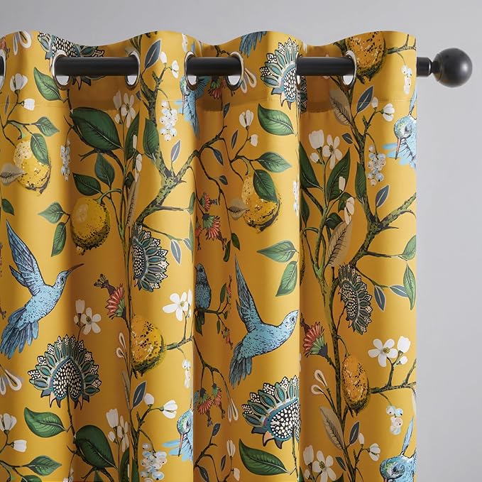 Topfinel Bright Yellow Kitchen Valances 24 Inches Long Vintage Botanical Garden Hummingbird Thermal Insulated Faux Silk Grommet Blackout Small Window Curtains for Track Laundry Kitchen Camper 2 Panels