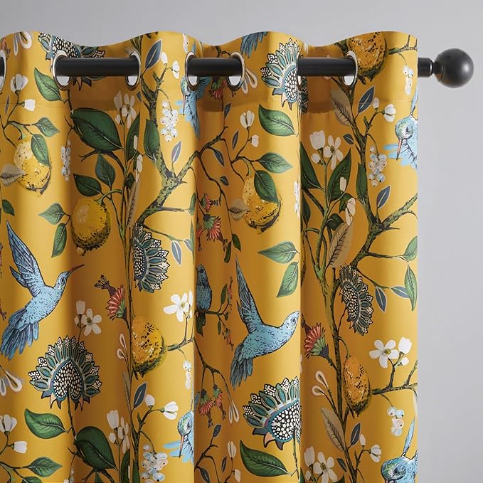Topfinel Mustard Yellow Blackout Valances Curtains 18 Inches Long Farmhouse Leaf Hummingbird Lemon Tree Printed Grommet Toppers for Kitchen Bathroom, Thermal Insulated Grommet Short Window Set of 2