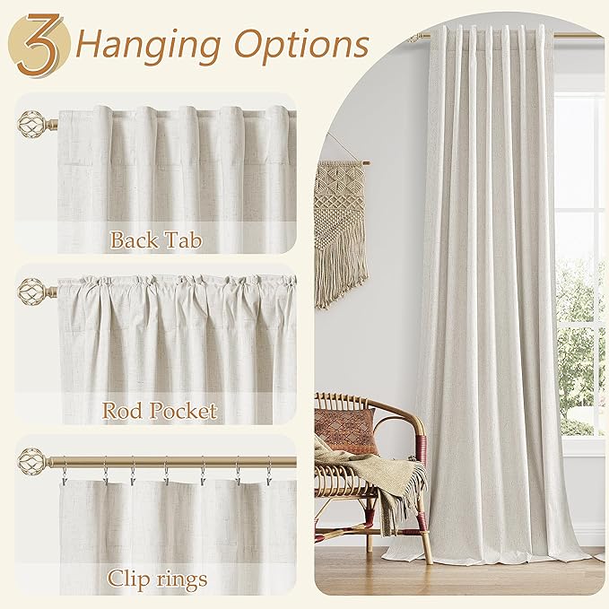 Guken Boho Extra Long 120 Inches 100% Black Out Curtains for Living Room Bedroom Back Tab Sound Proof Heat Blocking Thermal Insulated Linen Drapes Room Darkening Window Curtain