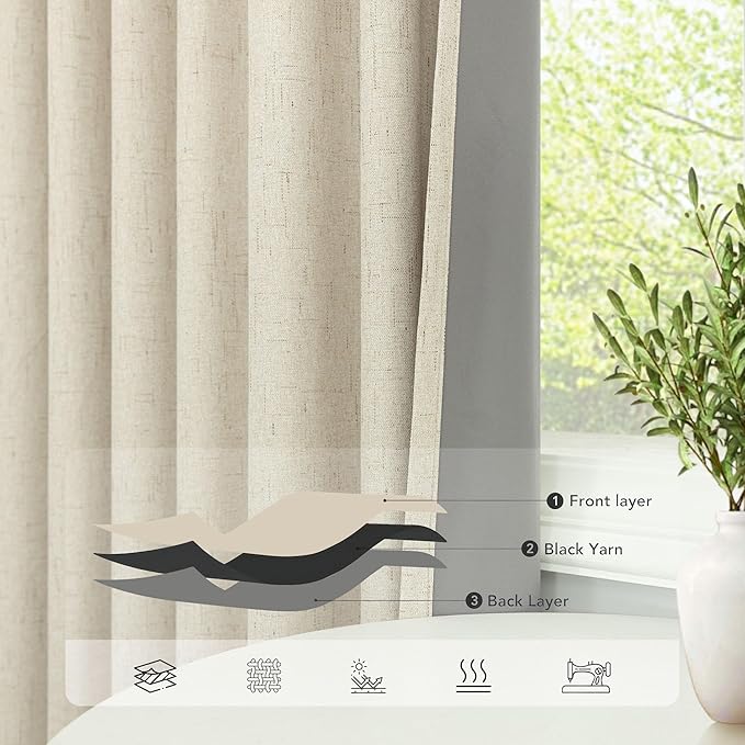 Pitalk Short Black Out Curtains 58 Inch Long for Bedroom 58 Inch Length Window Treatments Blackout Linen Boho Kitchen Thermal Drapes for Summer Heat Living Dining Room Bathroom 2 Panels Set Tan Beige