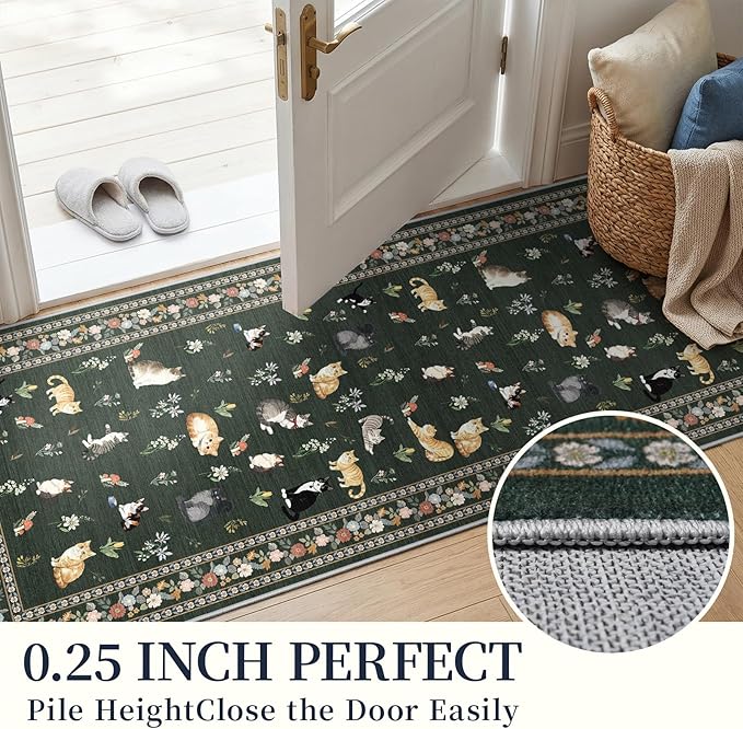 3x7 Washable Kitchen Runner Rug - Soft Low Pile Floral Animal Cat Print Rugs with Non-Slip Backing Waterproof Stain-Resistant Indoor Carpet for Hallway Entryway Bathroom Bedroom (Sage Green)