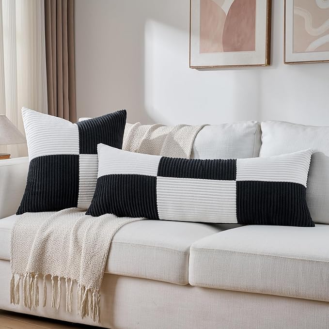 Fancy Homi Set of 2 Black White Big Decorative Throw Pillow Covers 24x24 Inch for Couch Bed Sofa, Modern Farmhouse Boho Home Decor, Soft Cross Corduroy Patchwork Accent Square Cushion Case 60x60 cm