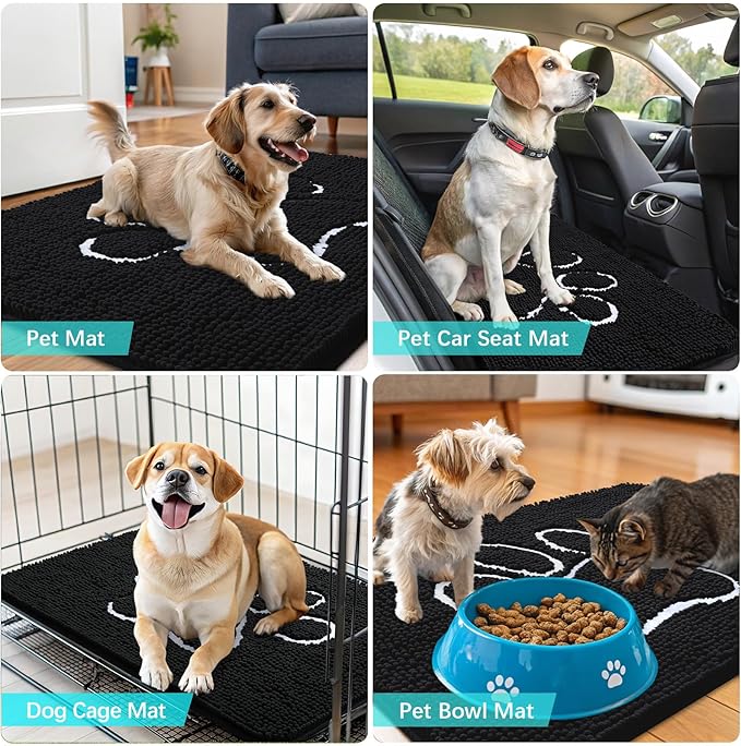 OLANLY Dog Door Mat for Muddy Paws 54x24, Paw Print Design, Absorbs Moisture and Dirt, Absorbent Non-Slip Washable Doormat, Quick Dry Chenille Mud Mat for Dogs, Entry Indoor Entryway Carpet, Black