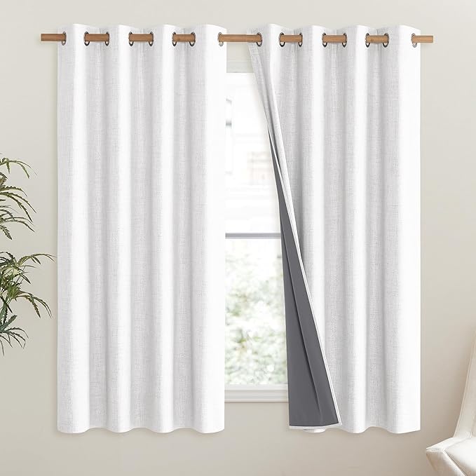 NICETOWN 100% Absolutely Blackout Linen Curtains with Thermal Insulated Liner, Greyish White, 52" Wide, 48" Length Energy Saving Curtains for Living Room 2 Panels Set, Vertical Blinds