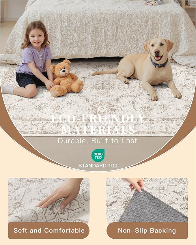 Madane 5x7 Area Rugs for Living Room, Washable Vintage Natural Rug with Non-Slip Backing, Soft Floral Print Throw Rugs Floor Low Pile Carpet for Bedroom Dining Room Farmhouse (5 x 7, Brown/Ivory)