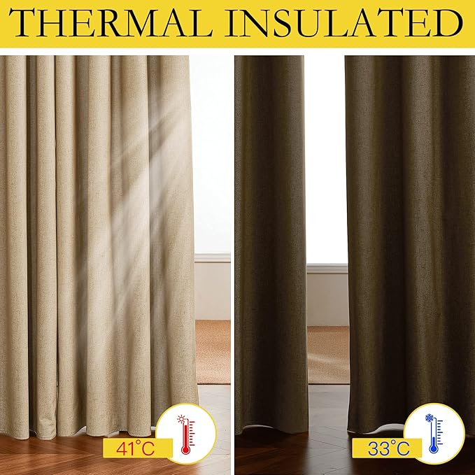 NICETOWN 100% Blackout Camel Linen Curtains 120 inches Length with Thermal Insulated Liners, 2 Panels, 62 inches W, Farmhouse Style Room Cooling Small Window Draperies for Dining Room