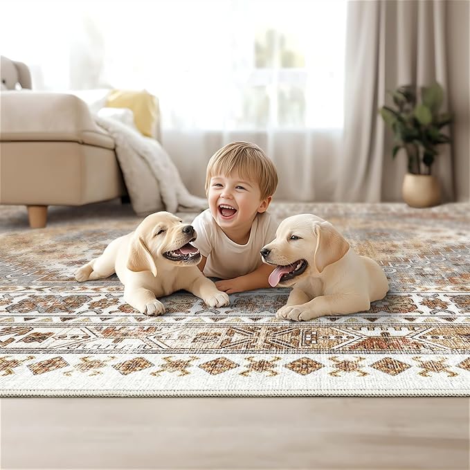 6x9 Area Rugs for Living Room,Soft Low Pile Indoor Washable Rugs for Bedroom, Non-Slip Backing Vintage Large Area Rug, Printed Vintage Floral Carpet(Orange,6'x9')