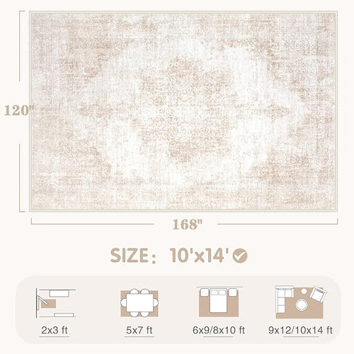 Area Rug 10x14 Vintage Rugs: Large Washable Living Room Rug Retro Medallion Distressed Soft Low Pile Non-Slip Rugs Indoor Floor Carpet for Bedroom Nursery Dining Table Office (Beige/Brown,10'x14')