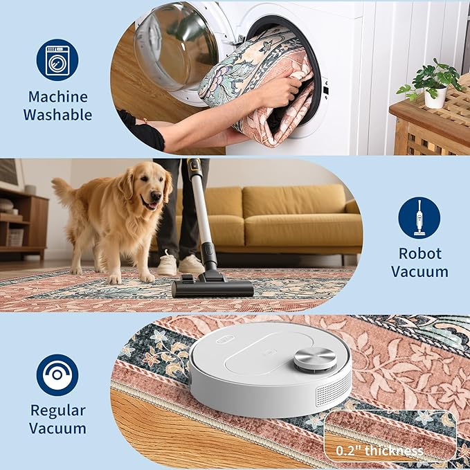 GarveeHome Terracotta Teal Washable 6x9 Area Rugs, Botanical Grove Vintage Cottagecore Non-Slip Rug for Living Room Bedroom Nursery Kitchen Low-Pile Retro Large Carpet