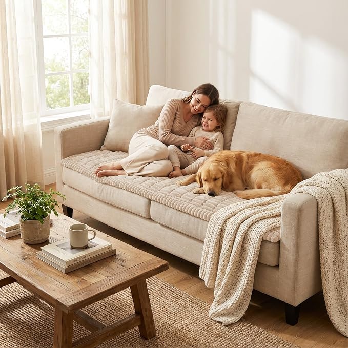Smiry Couch Cover for Dogs Washable, Non Slip Fuzzy Pet Couch Covers for 3 Cushion Sofa Pet Friendly, Thick Soft Sofa Slipcovers Cushion Protector (Apricot, 27.6" x 88")