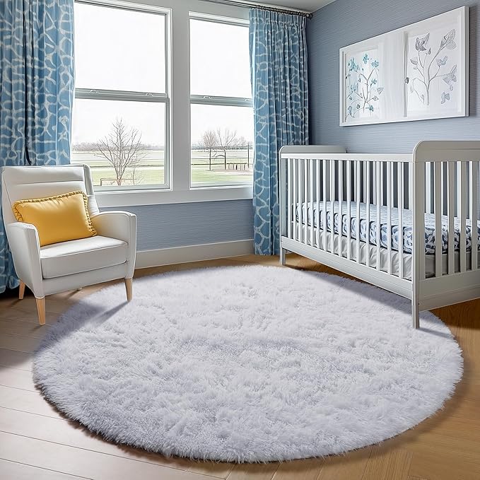 ONASAR White Round Area Rugs 5ft, Soft Bedroom Circle Rug Floor Mat for Kids Girls Boys Teen Room, Fuzzy Plush Shaggy Carpet for Baby Nursery Living Room Playroom Dorm Home Decor