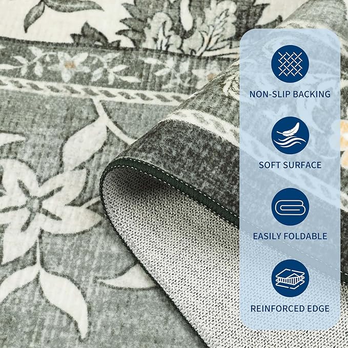 GarveeHome Provence 5x7 Area Rugs, Botanical Grove Soft Cottagecore Non-Slip Washable Rug for Bedroom Living Room Nursery Kitchen Low-Pile Retro Carpet Gray Fog Green