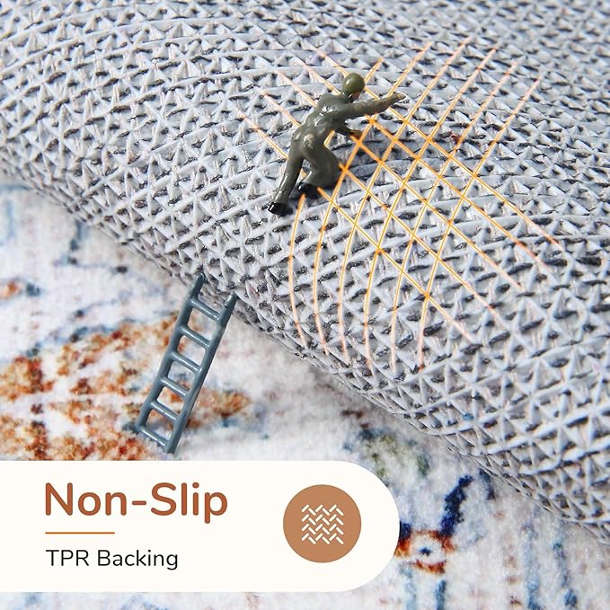 OPPODREAM Soft Round Rug 6ft, Neutral Washable Circle Rug 6ft with Non Slip Backing Play Room, Low-Pile Carpet 6 ft, Faux Cashmere Throw Carpet, Cream White & Blue & Light Brown