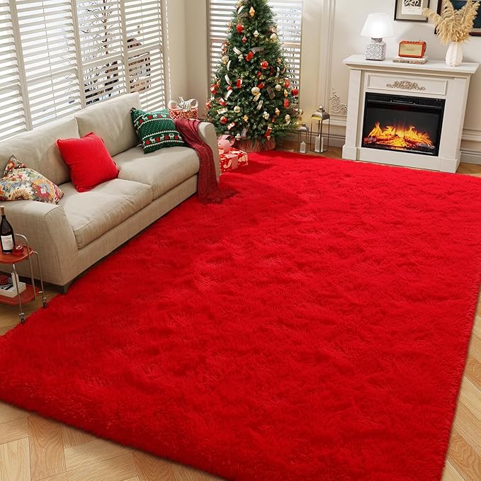 Amearea Shag Fluffy Area Rug for Bedroom Girls Living Room, Extra Soft and Fuzzy Shaggy Rugs, Non Slip, Solid Color Carpet Mat for Boys Nursery Home, Red 6x9 Feet