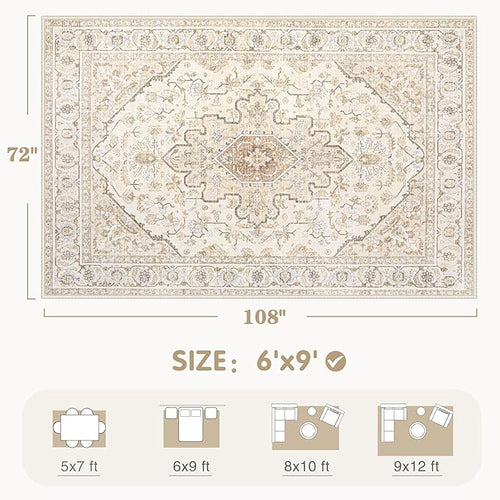 Area Rugs 6x9 Vintage Rug: Washable Living Room Rug Retro Medallion Distressed Large Soft Low Pile Non-Slip Indoor Floor Carpet for Bedroom Kitchen Nursery Dining Table Office (BeigeBrown, 6'x9')