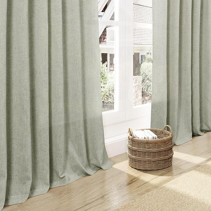 Sage Curtains 94 inches Long 2 panels for Living Room Back Tab Rod Pocket Semi Sheer Linen Draperies Muted Neutral Sage Green Room Decor Earth Tone Pale Green Curtain for Diningroom Bedroom Office