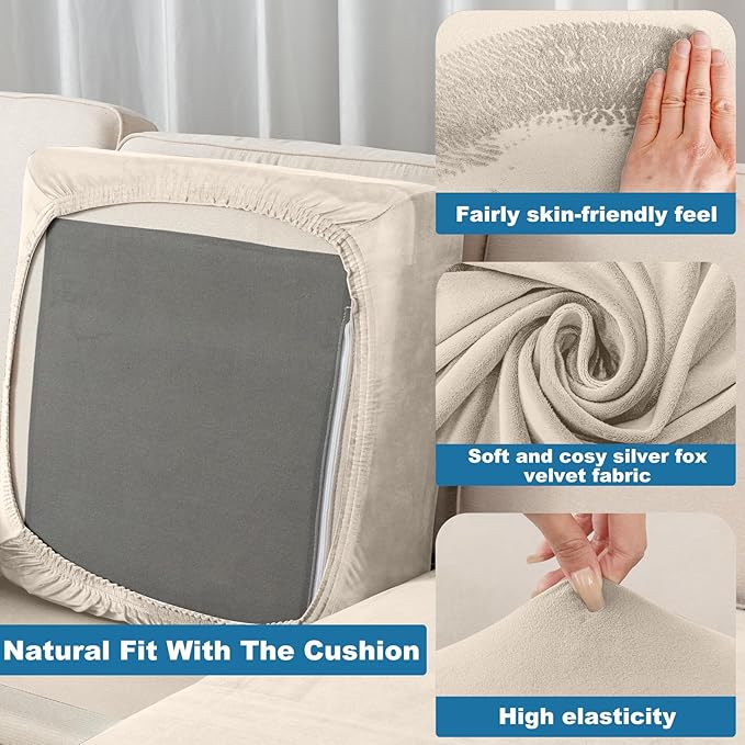 Couch Cover 8-Piece Elastic Velvet Couch Cushion Covers & Chaise Slipcovers for L-Shaped Sofas - Sofa Seat Covers Washable, Soft Protector for Couches (7 Seater + Chaise, Cream)