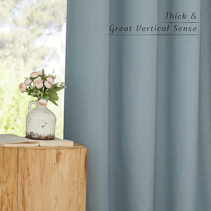 NICETOWN Thick Linen Stone Blue Curtains for Kitchen, Grommet Short Semi Sheer Window Treatments Privacy Assured with Light Filtering Linen Blend for Cafe/Boys Room, 2 Panels, W55 x L54