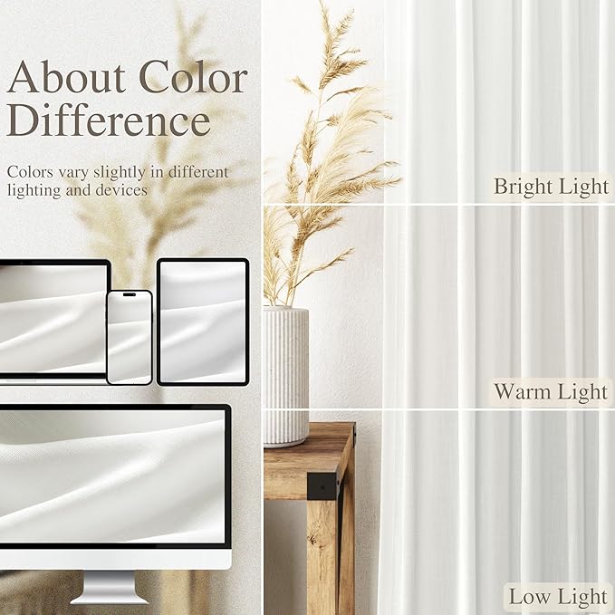 Nanspring Off White Cafe Curtains 45 Inch Length Set 2 Panel Back Tab Pocket Semi Sheer Short Linen White Curtain Tiers for Small Bathroom Window Basement 52x45
