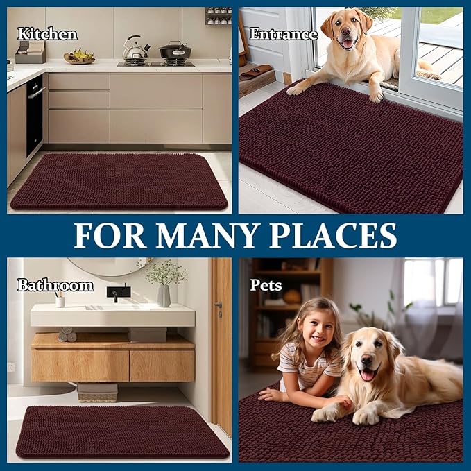 OLANLY Dog Door Mat for Muddy Paws 47x32, Absorbs Moisture and Dirt, Absorbent Non-Slip Washable Doormat, Quick Dry Chenille Mud Mat for Dogs, Entry Indoor Entryway Carpet for Inside Floor, Russet