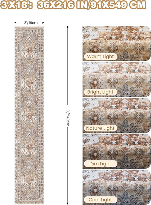 3x18 Runner Rug for Hallway, Non-Slip Long Kitchen Mats for Floor, Vintage Washable Rug for Entryway, Soft Hallway Runner for Dining Room, Bedroom, Living Room(Orange,3'x18')