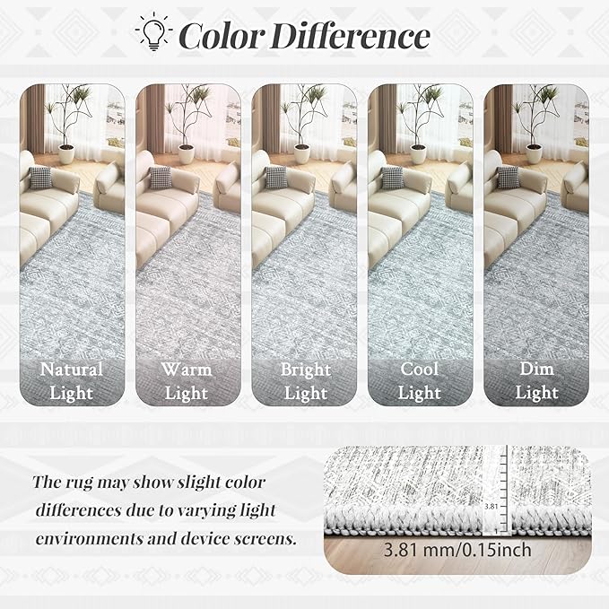 6x9 Area Rugs for Living Room: Washable Moroccan Geometric Boho Rug Farmhouse Non Slip Stain Resistant Large Rug Low Pile Soft Carpet for Bedroom Dining Room Home Office Children Room (Grey,6'x9')