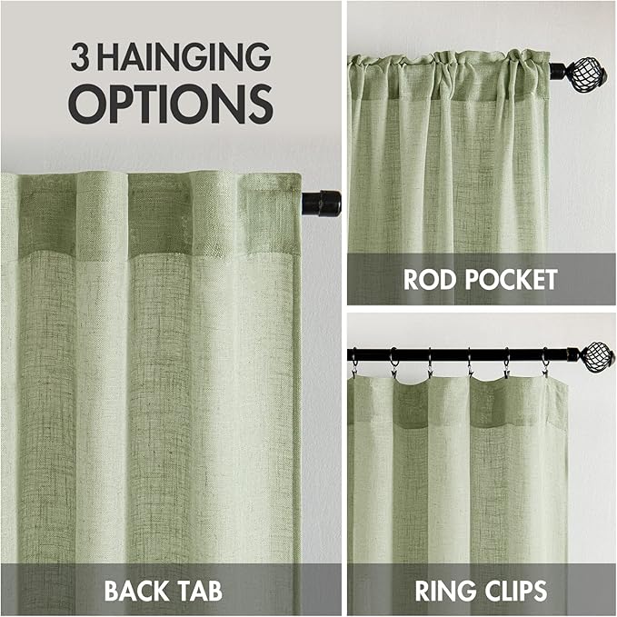 MIULEE Sage Green Linen Curtains 84 Inch Length for Bedroom Living Room, Soft Thick Linen Textured Window Drapes Semi Sheer Light Filtering Back Tab Rod Pocket Burlap Look Spring Decor, 2 Panels