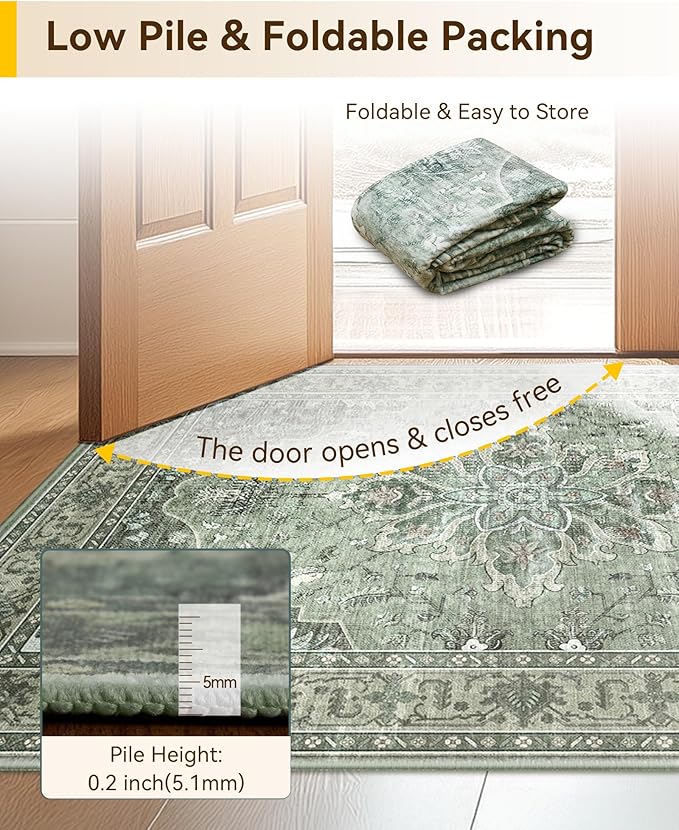 Area Rugs 2'x6' Runner Rug Non Slip Washable for Kitchen Hallway Bedroom Beside Laundry Room Bathroom Rug, Floor Carpet, Dark Green Gray