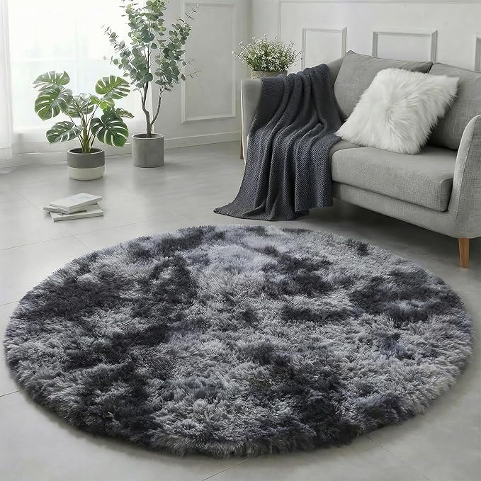 Amdrebio Tie-Dyed Dark Grey Round Rugs for Living Room, 8x8 Rug, Extra Large Circle Area Rug for Bedroom, Big Shag Fluffy Plush Carpet for Mens Home, Modern Cool Circular Rug, Soft Cozy Thick Rugs