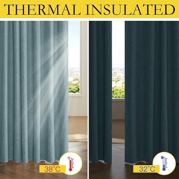 NICETOWN 100% Absolutely Blackout Linen Curtains with Thermal Insulated Liner, Skylark Blue, 42" Wide, 90" Length Energy Saving Curtains for Living Room 2 Panels Set, Vertical Blinds
