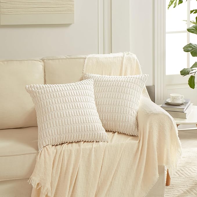 Fancy Homi 4 Packs Neutral Euro Decorative Throw Pillow Covers 28x28 Inch for Couch Bed Sofa, Rustic Farmhouse Boho Home Decor, Soft Plush Striped Corduroy Square Cushion Case 71x71 cm