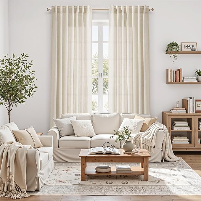 Nanspring Living Room Curtains 72 Inch Length Linen Birch Beige Luxury Light Filtering Semi Sheer Curtain Back Tab Modern Farmhouse Decor Elegant Coastal Drapes for Bedroom Office 52x72, 2 Panels