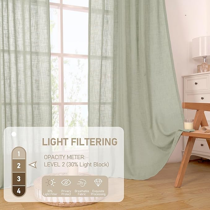 LAMIT Sage Grey Linen Boho Curtains 78 inch Length 2 Panels, Light Filtering Semi Sheer Panels Back Tab and Rod Pocket Neutral Drapes for Bedroom/Living Room, 52 x 78 Inch