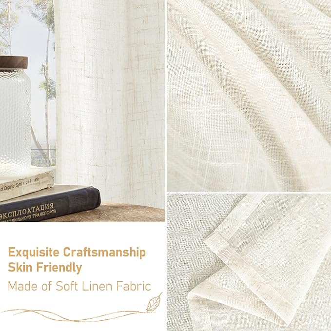 LAMIT 102 inch Semi Sheer Linen Curtains for Living Room, Back Tab and Rod Pocket Cream Curtains Light Filtering Country Rustic Neutral Drapes for Bedroom/Farmhouse, 2 Panels, 52 x 102 Inch