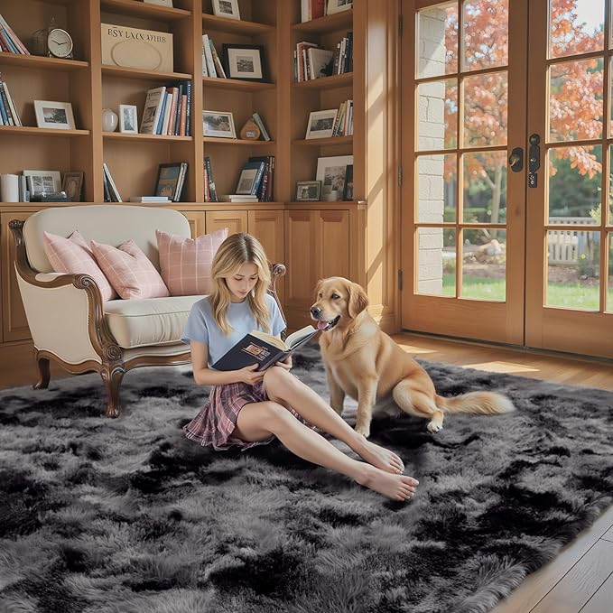 Rugs for Living Room 5x8, Alfombras para Salas Shag Large Plush Soft Area Rug, Shaggy Carpets for Bedroom, Kids Boys Girls Home Decor Aesthetic (Dark Grey Tie-Dyed, 5 x 8 Feet)