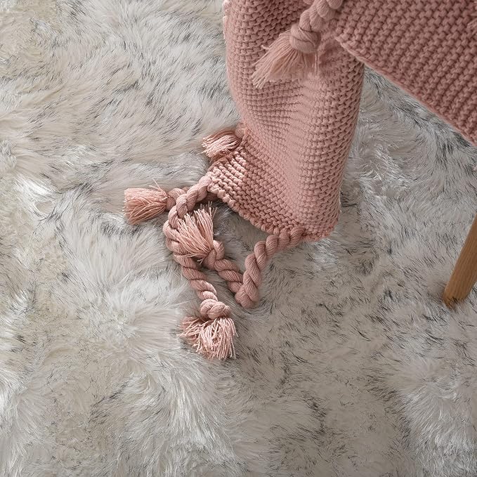 Goolela Fluffy Faux Fur Runner Rug 2x6 for Bedroom White with Grey Tips Faux Sheepskin Rug Bedside Dorm Washable Shaggy Plush Rectangle