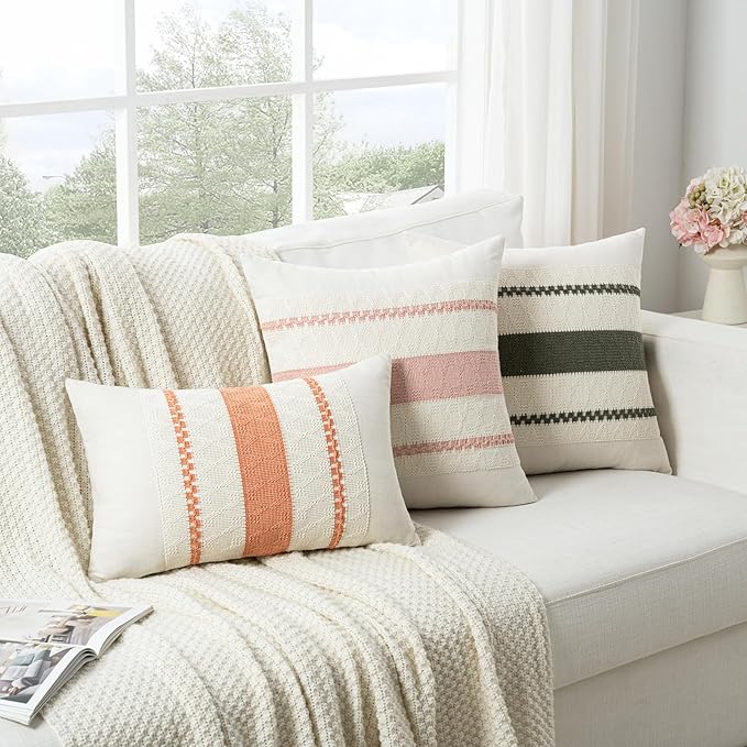 Fancy Homi Set of 1 Boho Coral Decorative Throw Pillow Cover 18x18 Inch for Couch Bed Sofa, Aesthetic Modern Organic Farmhouse Home Decor, Soft Cotton Cute Accent Macrame Woven Cushion Case