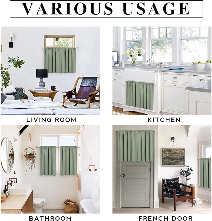 RYB HOME Blackout Cafe Curtains 30 inch Length, Short Light UV Heat Blocking Energy Saving Privacy Curtain Tiers for Basement Bathroom Kitchen Window, Width 29 by Length 30, Greyish Green, 2 Panels