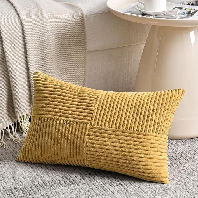 Fancy Homi 2 Packs Mustard Yellow Lumbar Decorative Throw Pillow Covers 14x22 Inch for Living Room Couch Bed, Rustic Farmhouse Boho Home Decor, Soft Striped Corduroy Rectangle Accent Cushion Case