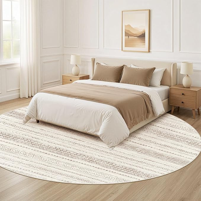 Nakagishi Round Rug Boho Area Rugs: 6x6 Washable Large Circle Neutral Soft Stain Resistant Non-Slip Carpet for Women Aged 25-45 Farmhouse Decor Enthusiasts - Living Room Bedroom Dining Room Nursery